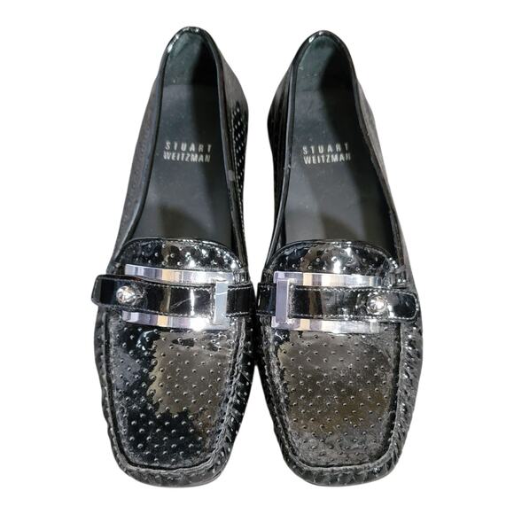 Stuart Weitzman Blk Patent Leather Laser Cut Sqr Toe Embossed Flats Loafers - Picture 1 of 11